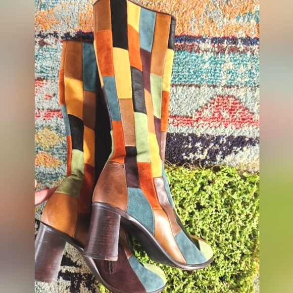 ANNA SUI RARE Patchwork  Leather Olive Brown Rust Teal Zip Heels Boots 40 - Picture 14 of 16